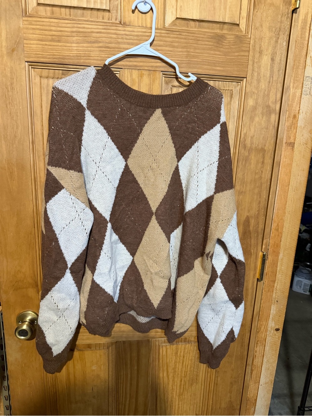 Argyle Pattern Crewneck Sweater - Brown/Cream/White
